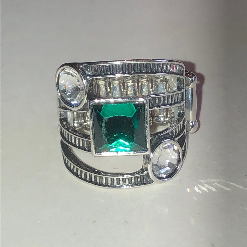 Silver Tone Ring with Green Center Stone and Clear Accents